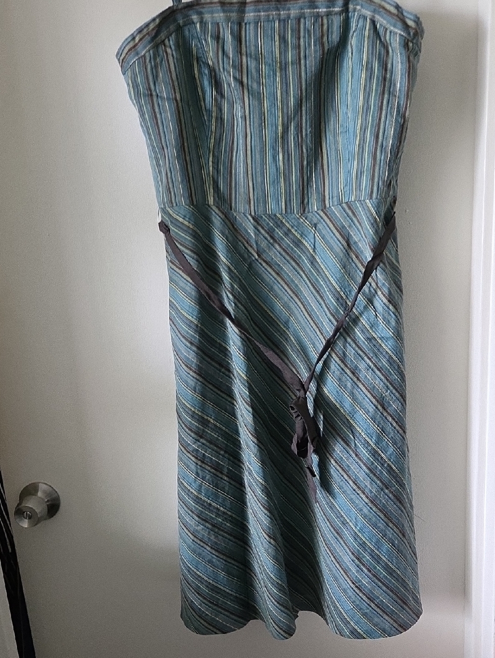 Ann Taylor Loft Teal And Brown Striped Strapless Dress